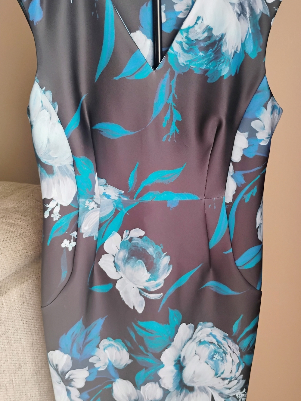 Calvin Klein Size 16 Floral Sheath Dress in Teal, White & Charcoal